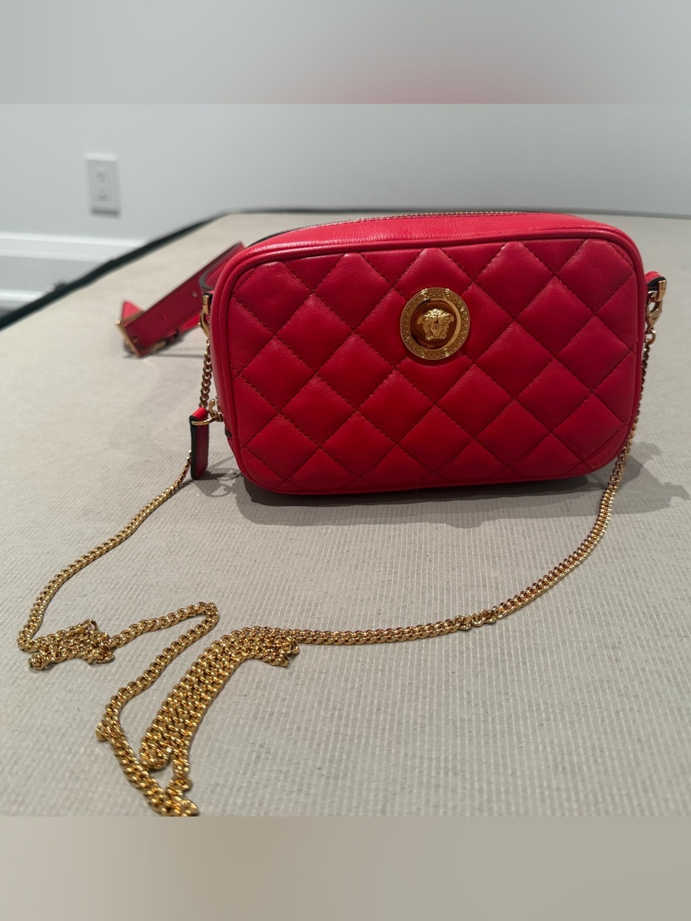 Versace Quilted Red Leather 2 Way Crossbody and Belt Bag with Gold Medusa Accent